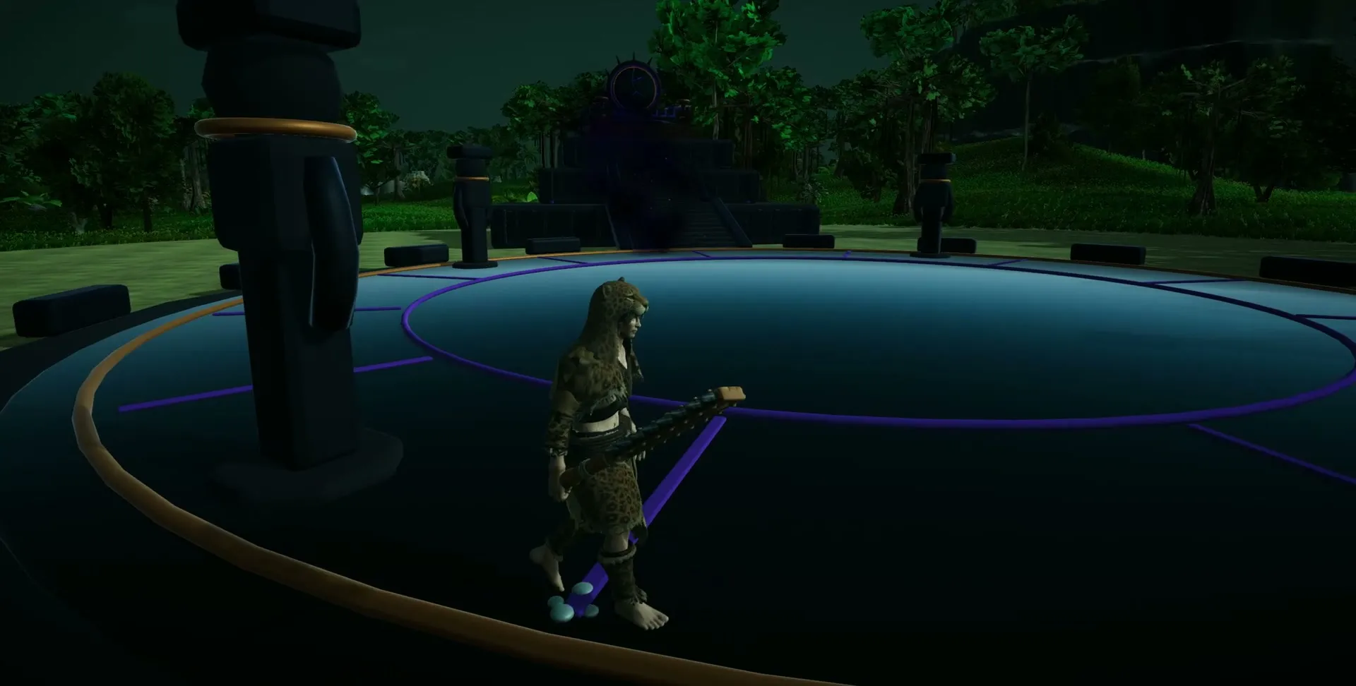 In-game: a warrior faces Tezcatlipoca's Shadow in its arena