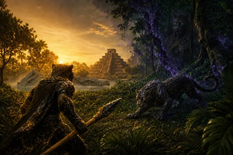 Key art: a jaguar warrior faces Tezcatlipoca's shadow jaguar, the Grand Temple behind