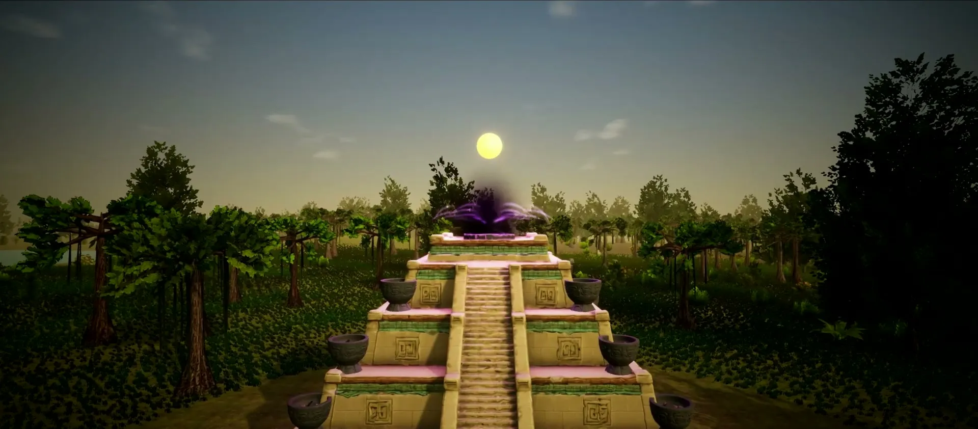 In-game: the Grand Temple restored, the sun rising behind it